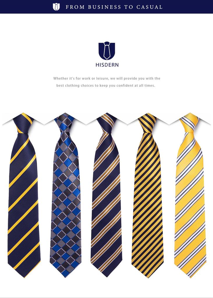 [HISDERN] Business Tie Set of 5, Stylish, with Pocket Square, Men's, Wedding, Yellow, Blue Stripe, Job Hunting, Brand, Gift T5-01