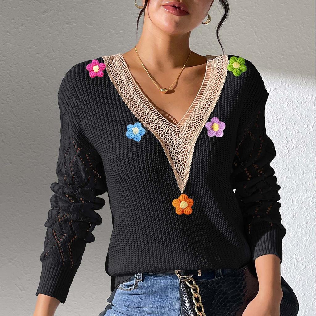 Women's Loose Casual Lace V Neck Long Sleeved Knitted Pullover Sweater Top Sweater Top