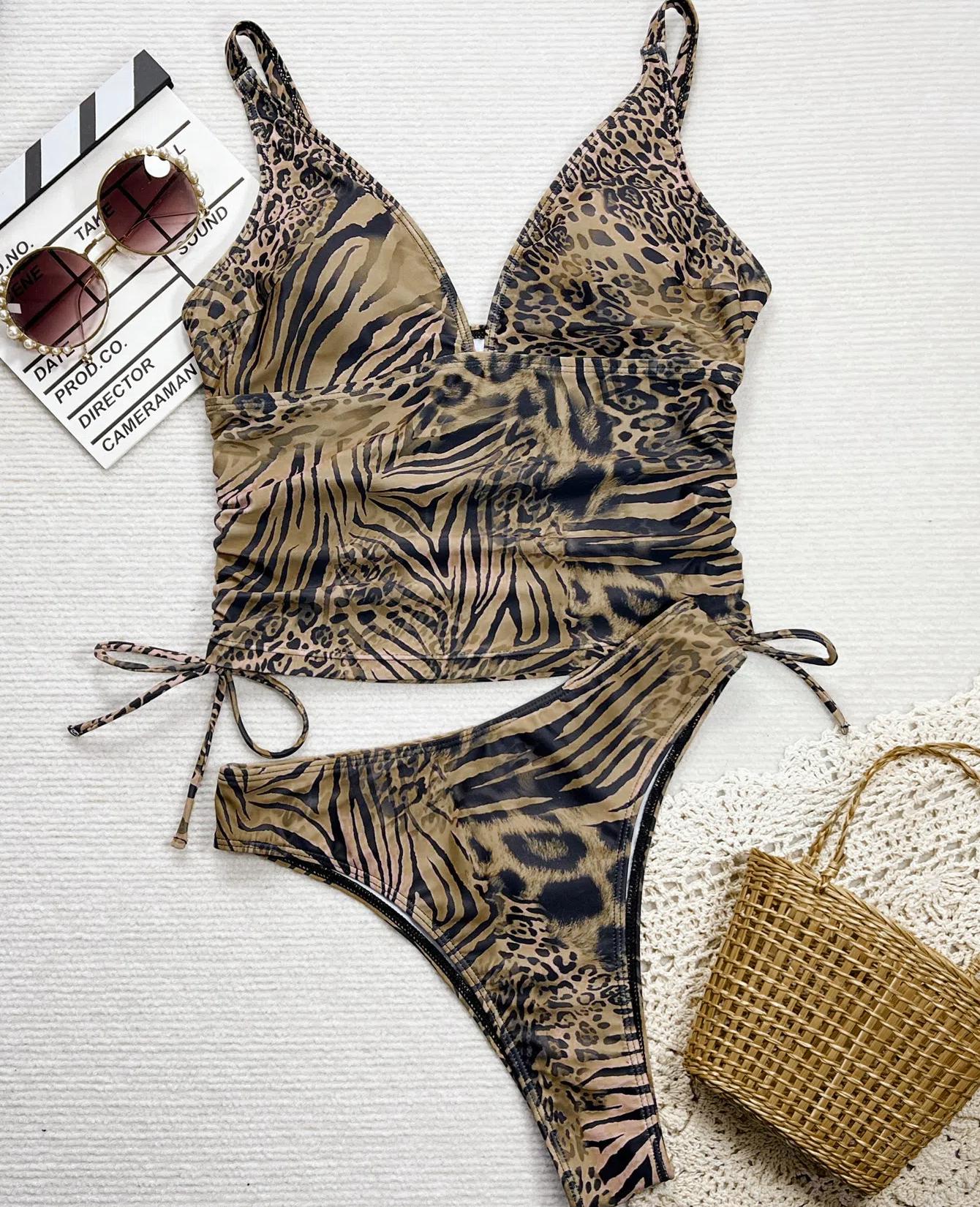 

Женский купальник с леопардовым принтом, жилет на резинке, с высокой талией, раздельный купальник, комплект бикини, пляжная одежда, купальные костюмы L цветной печати леопарда