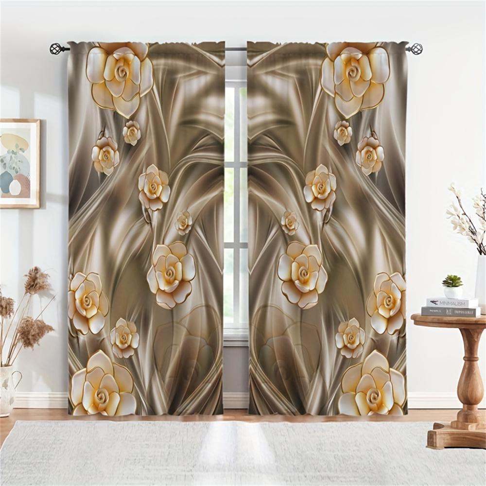 2Pcs Luxury Pearl Gold Flower Diamond Rose Window Treatment Curtains Blinds For Living Room Kids Bedroom Kitchen Door Home Decor
