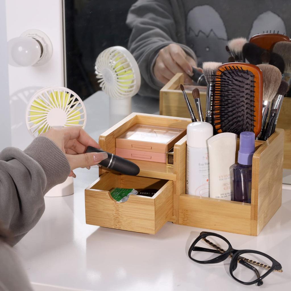 HTB Bamboo Desk Organizer Desk Accessory Storage Box Tabletop Stationery Pen Holder Office Supplies Storage Case Divider Drawer Multifunctional