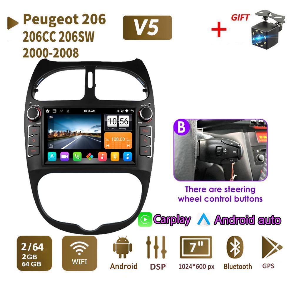

Автомобильный радиоприемник мультимедийный проигрыватель для PEUGEOT 206 206CC 206SW 2000-2008 2 Din Android Carplay GPS Авторадио 2+64 ГБ 2+64GB,B чёрный