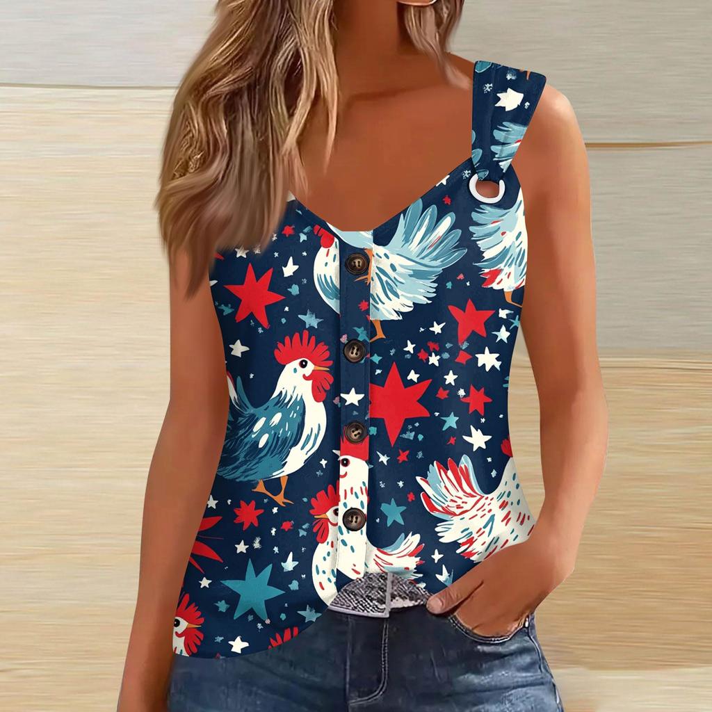 Women's Fashion Casual Loose Sleeveless Buttoned V-Neck Independence Day Printed T-Shirt Top