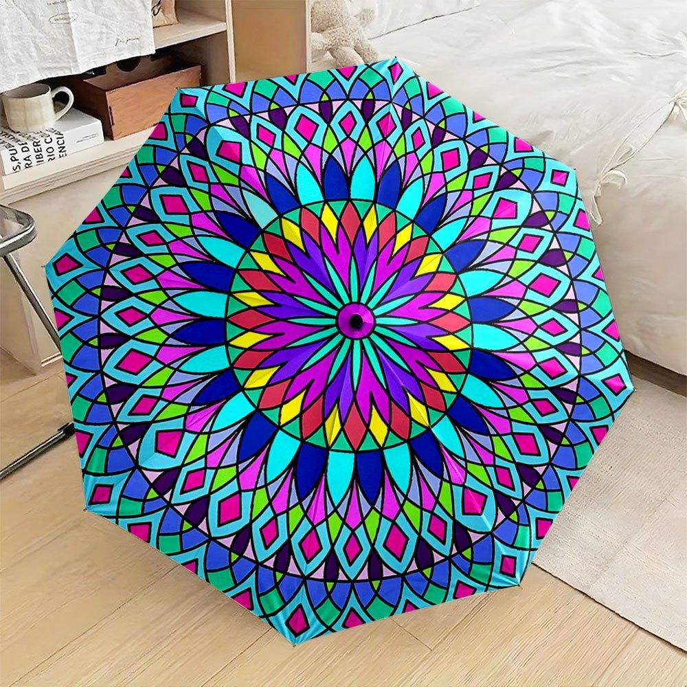 

Automatic Folding Umbrella A Vibrant Mandala Design with Geometric And Floral Patterns. Portable Collapsible Design, Casual Ou Iron&8K