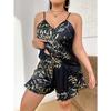 Large-sized Printed Pajamas, Fashionable and Casual Ice Silk Pajamas, Home Wear, Imitation Silk Strappy Home Wear for Women