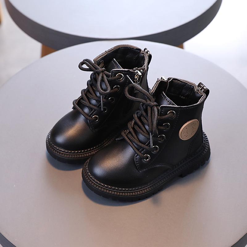 2025 Autumn/Winter British Style Kids' Soft Leather Non-Slip Ankle Boots with Lace-Up and Zipper