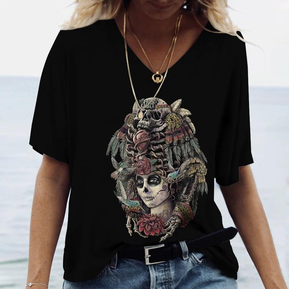 Nová dámská trička Skull Beauty Print Harajuku Y2k Streetwear Day of the Dead Oblečení Topy Dámské Oblečení nadměrné velikosti Letní 6xl