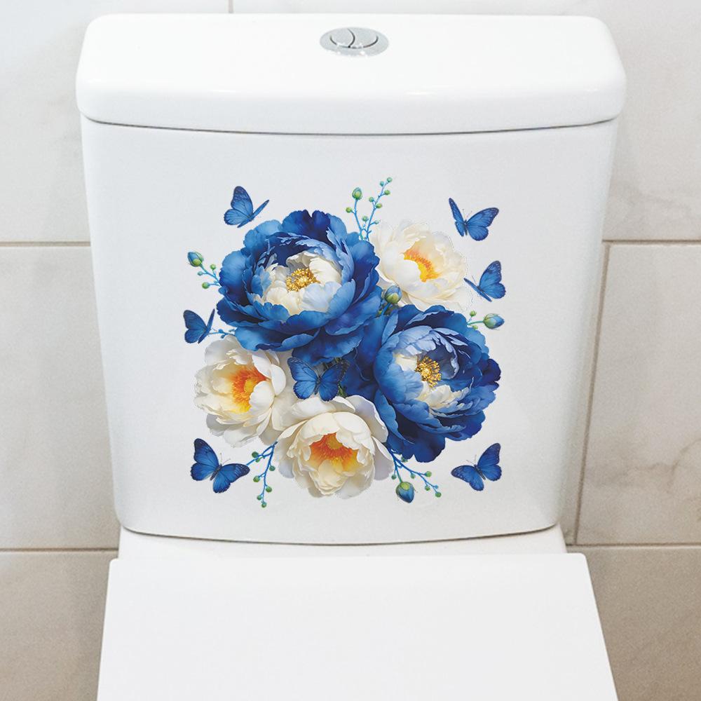 Painted Peony Flower and Butterfly Bathroom and Toilet Decoration Beautifying Wall Stickers