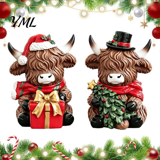 Cute Cattle Desk Ornaments Christmas Highland Cow Figurine, Resin Holiday Statue with Santa Hat & Holly Theme Decor Gift Box, Sitting Calf Desktop