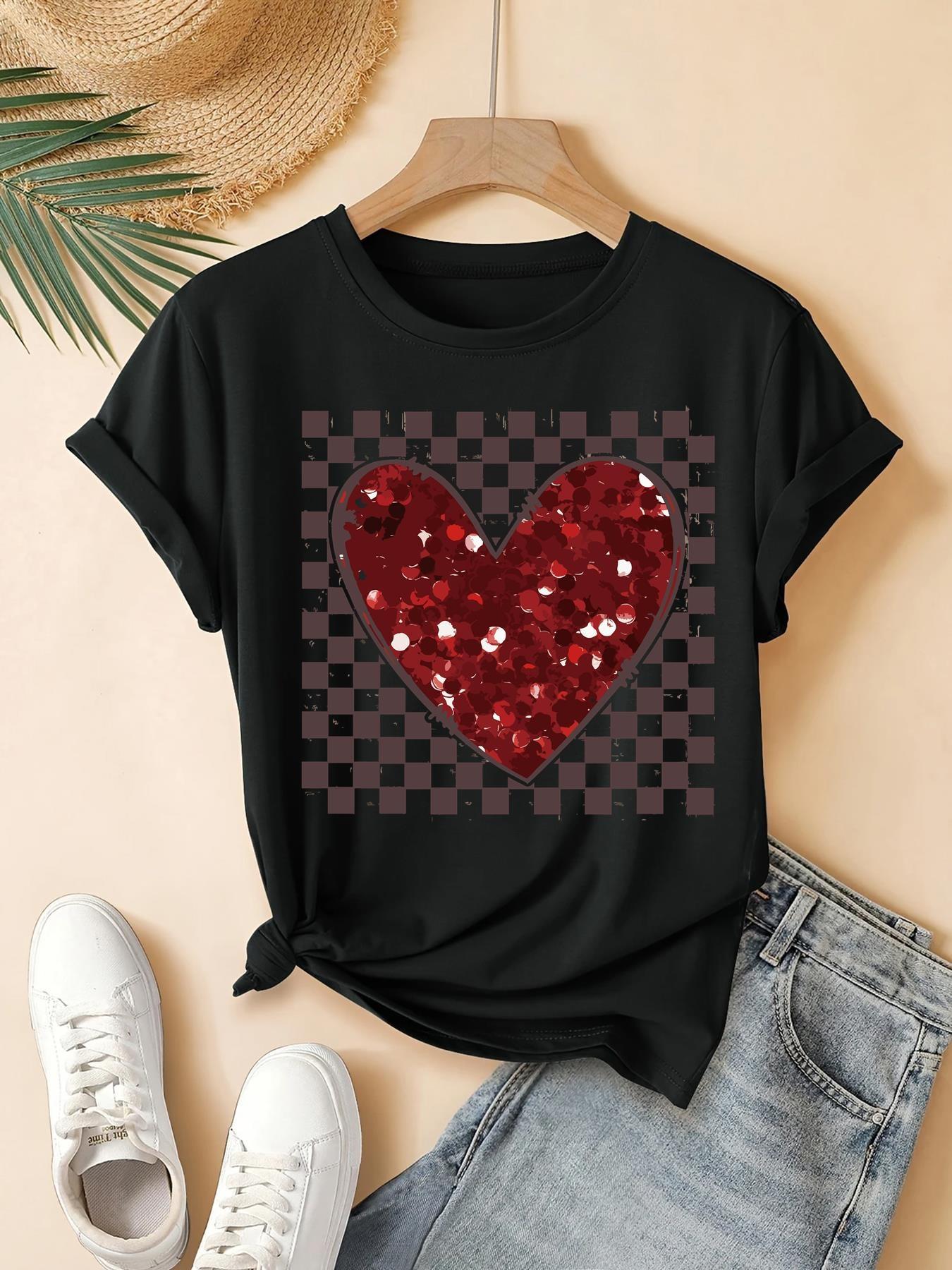 

European Size Sparkling heart Sequin T-Shirt - Summer Short Sleeve Round Neck Blouse, Casual Korean Style Top with Shiny for Parties 4XL