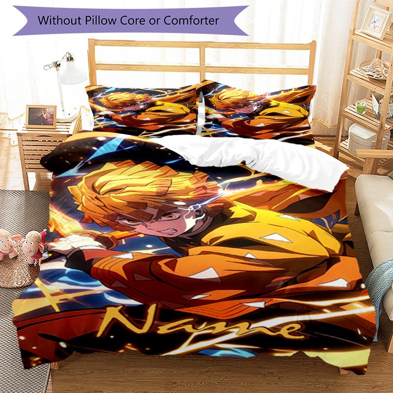 3pcs Custom Name Demon Slayer Bedding Set Duvet Cover Closure Includes 1 Duvet Cover & 2 Pillowcases, Soft and Comfortable for All Seasons.