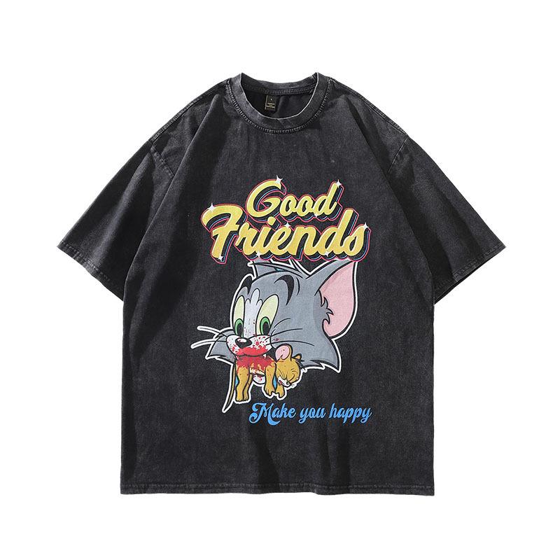 European And American High Street Hiphop Washed Short-Sleeved T-Shirt Men'S American Retro Old Loose Trendy Brand Half-Sleeved T-Shirt