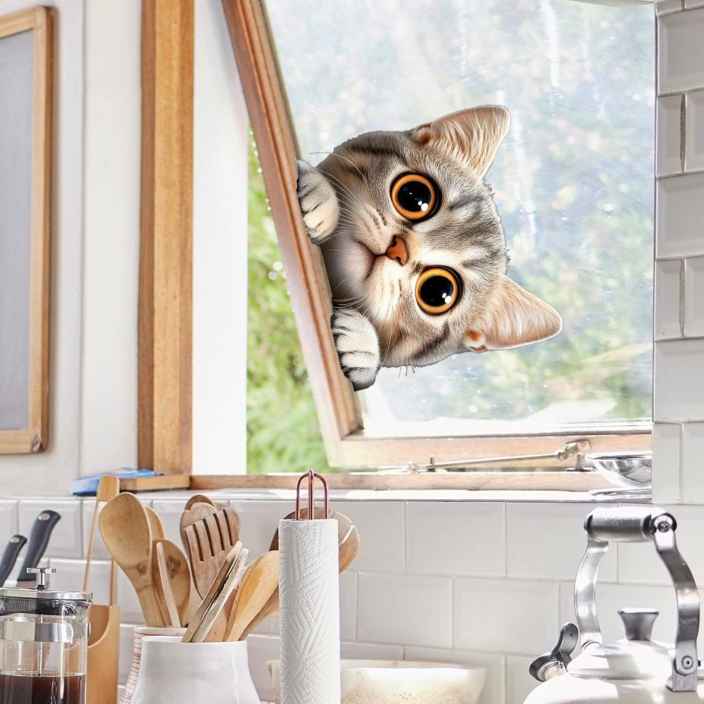Kreslená vykukující kočka Balkonové sklo Domácí pozadí Zkrášlení Samolepka na okno