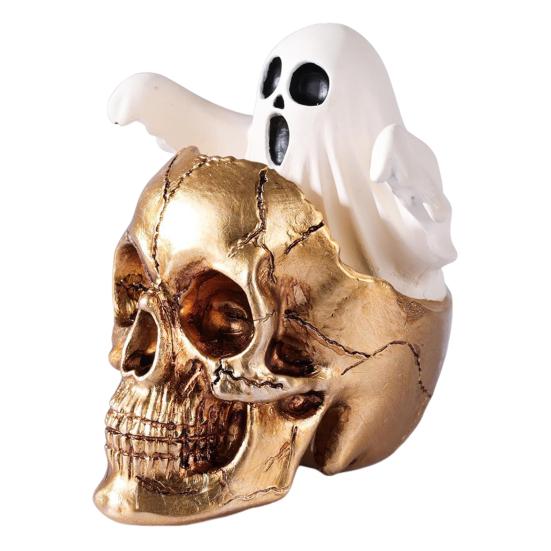 Mini Skull Head with Ghost Figurine Spooky Skeleton Head Ghost Halloween Decor for Gothic Porch Indoor Office Desk Tabletop Mantel Decoration