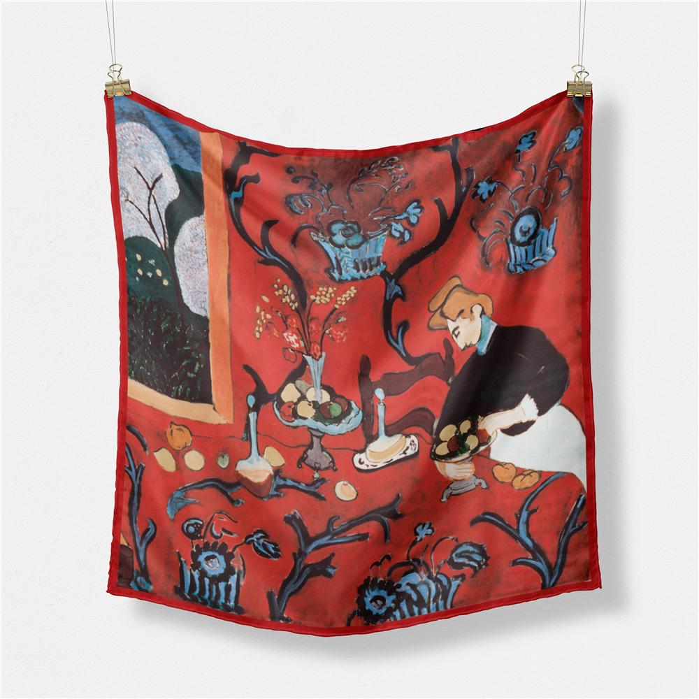 POBING Twill Silk Scarf Women Oil Painting Square Scarves Wraps Bandana Small Hijab Lady Foulards Tie Headband Neckerchief 53CM
