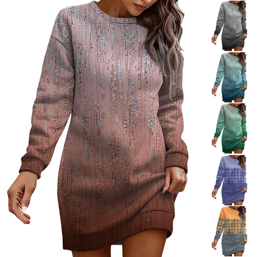 Long Sleeve Dress For Women Casual Printed Pullover Hip Pack Dress Sweater Dress