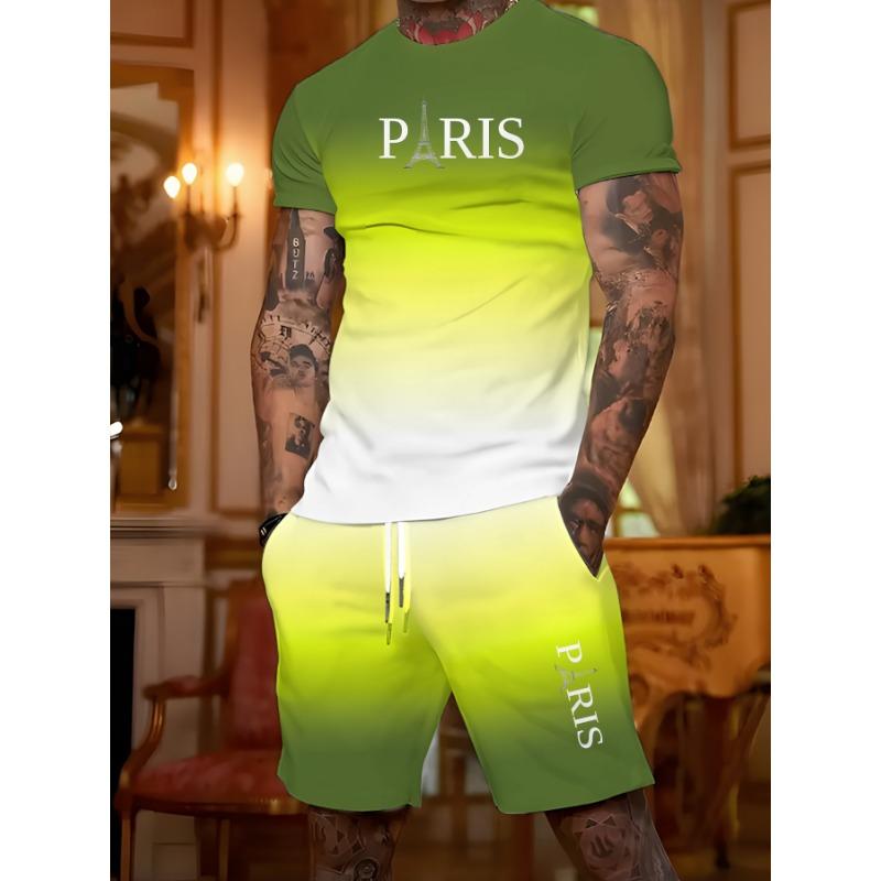 Trendy men s suit short-sleeved T-shirt casual shorts two-piece summer slim fashion men s two-piece set S