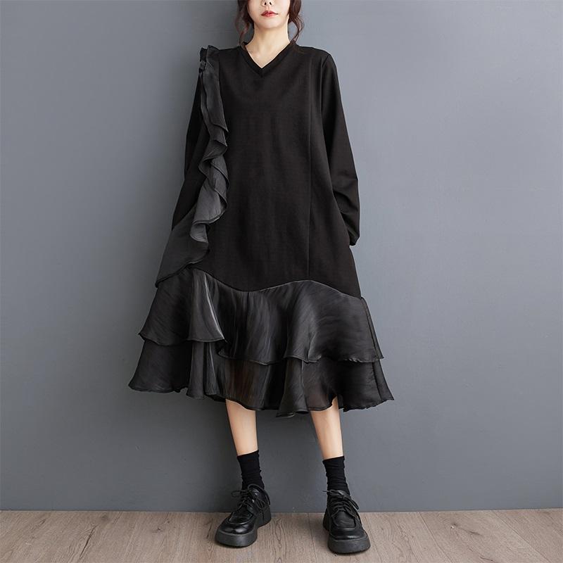 Long Sleeve Plus Size Cotton Vintage Ruffle New In Dresses for Women Casual Loose Spring Autumn Dress