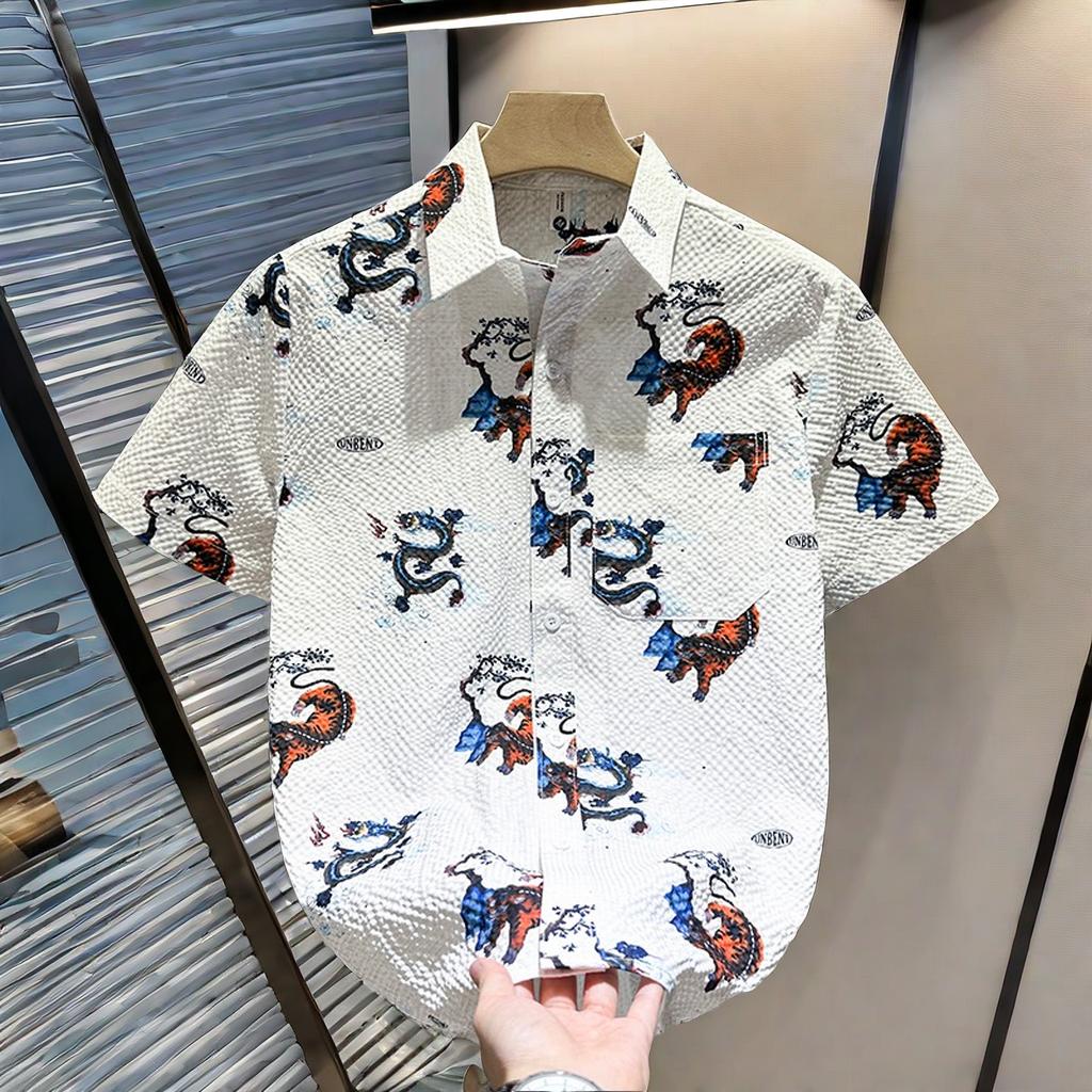 

Ethnic Style Hawaiian Men s Short-sleeved Shirt Beach Summer New Printed Trend Shirt Loose Casual and Handsome L белый