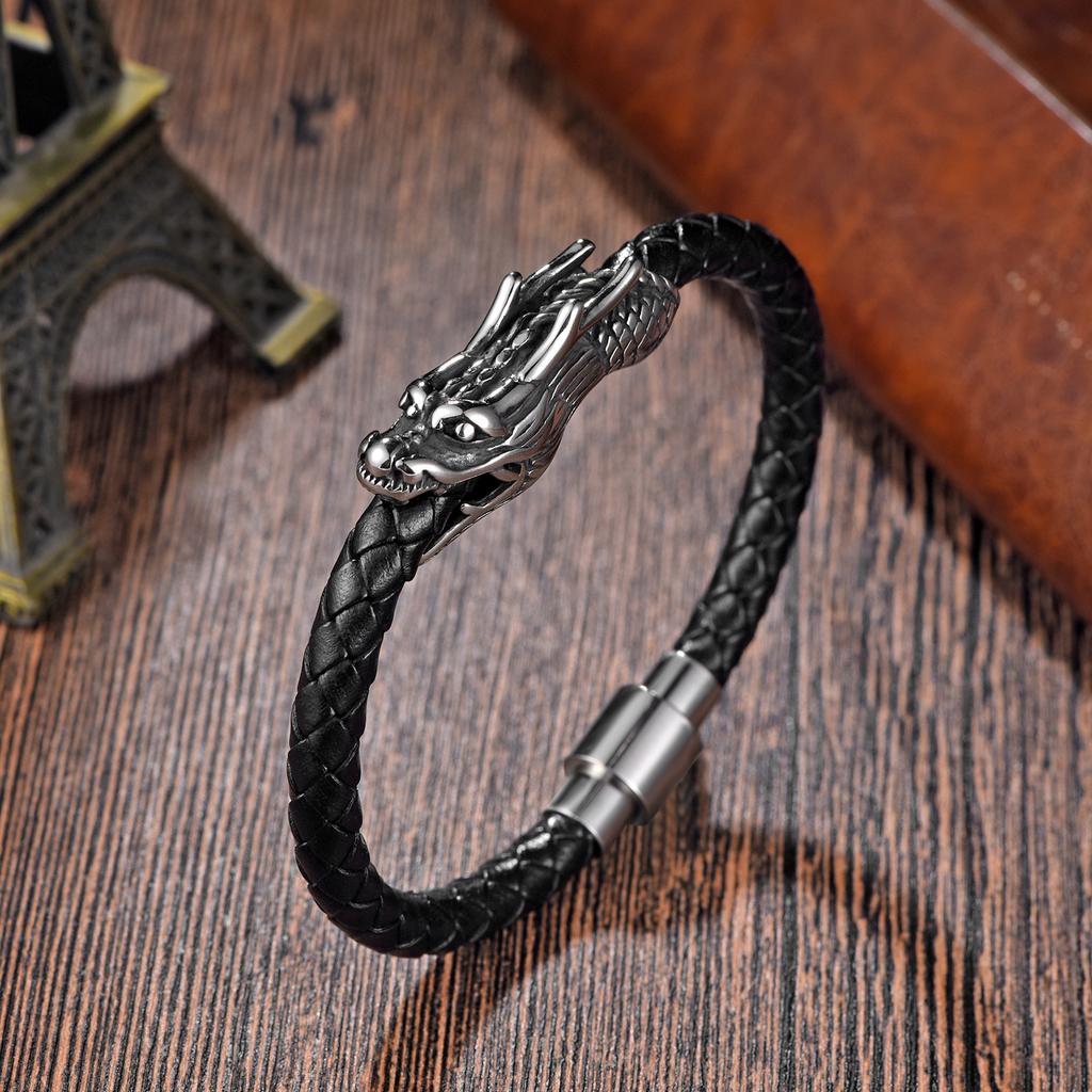 Personalized Zodiac Dragon Bite Tail Bracelet Leather Rope Woven Men's Stainless Steel Faucet Leather Bracelet