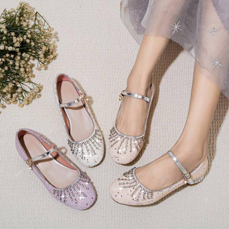 Four seasons wear girls single shoes sweet college buckle beef tendon soft sole older children sequined crystal shoes new children's leather shoes