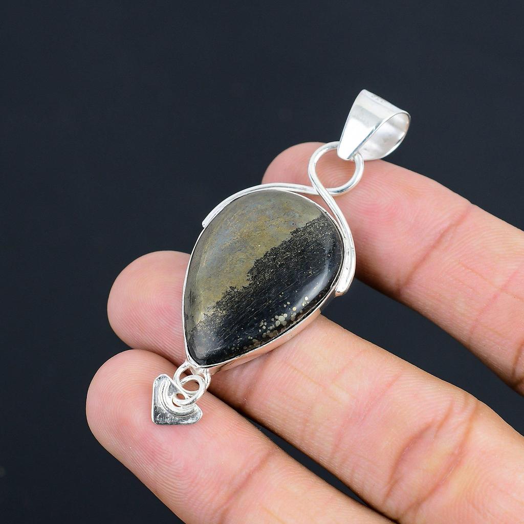 Natural Pyrite Gemstone Pendant Handmade 925 Sterling Silver Indian Jewelry
