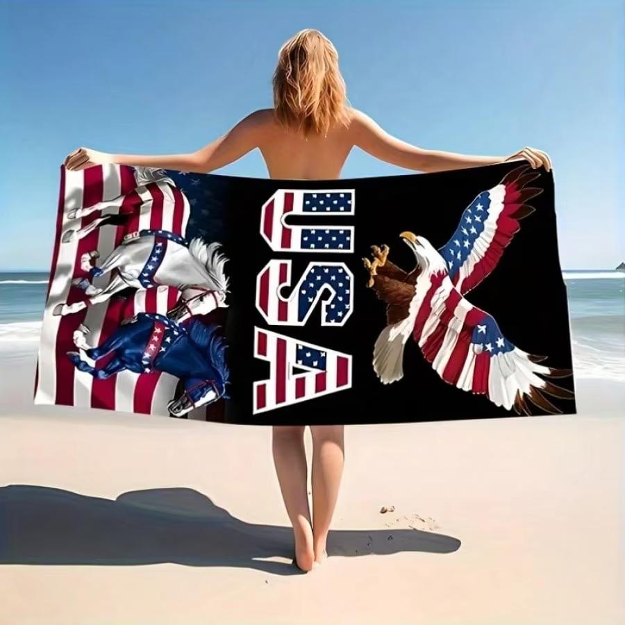 Patriotischer Adler Pferd Strandtuch, USA Unabhängigkeits Design Polyester Schnelltrocknend Leicht Weich Saugfähig zum Schwimmen