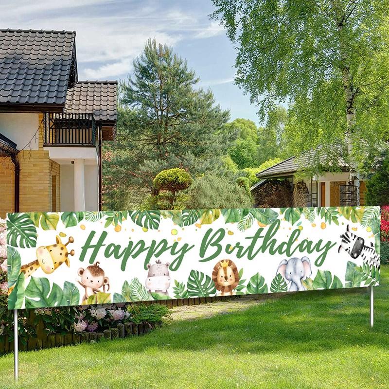Djurdjungel Grattis på födelsedagen Bordslöpare Banderoll Djungelsafari Födelsedagsfest Dekorationer Babyshower Wild One Festtillbehör