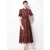 High Quaity Solid Lace Hollow Out Summer Dress for Women Elegant Stand Collar Short Sleeve Slim Midi Dresses