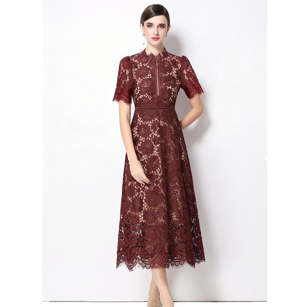 High Quaity Solid Lace Hollow Out Summer Dress for Women Elegant Stand Collar Short Sleeve Slim Midi Dresses