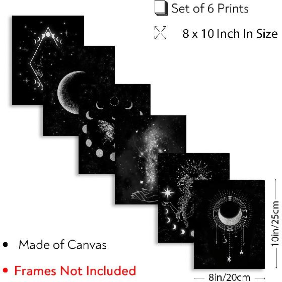 ORIGACH Moon Phases Wall Art Prints, Set of 6, Minimalist Boho Moon Phase Star Witch Wall Prints, Stars Cat Celestial Witch Art Canvas Painting,