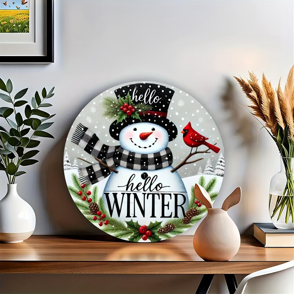 Winter Greetings Carved aluminum foil sign with Holly wreath center attachment, vintage metal tin plate for door, home