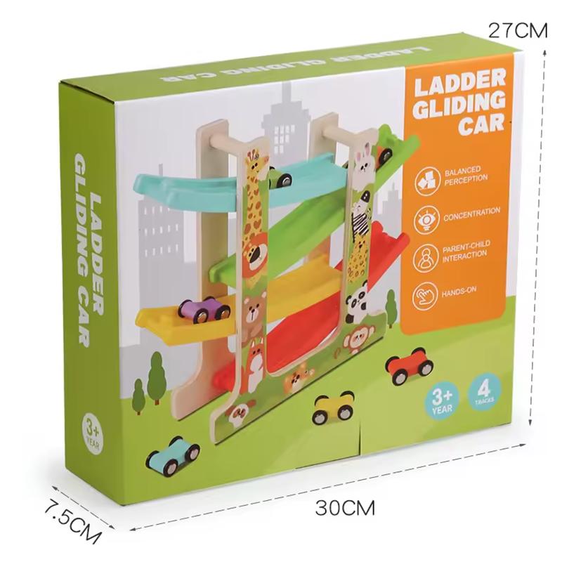 Kids Four-layer Wooden Gliders  Montessori Inertia Track Car Toys Animal And Traffic Theme Early Educational Toys Birthday Gifts
