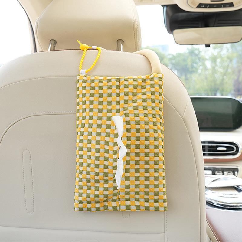 Car Tissue Box Cute Checkerboard Car Seat Back Hanging Tissue Bag Creative Car Decoration Supplies