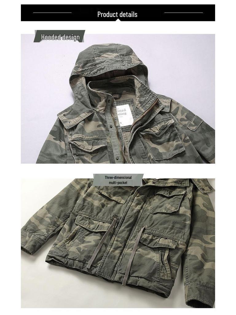 Jachetă Camuflaj cu Glugă și Buzunare Multiple pentru Bărbați, Stil Amekaji, Lungime Medie