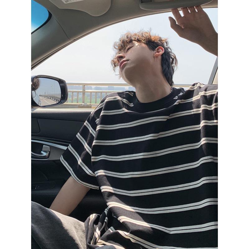 Striped short-sleeved t-shirt men s summer new heavy college style loose thin five-quarter-sleeved half-sleeved t-shirt M чёрный