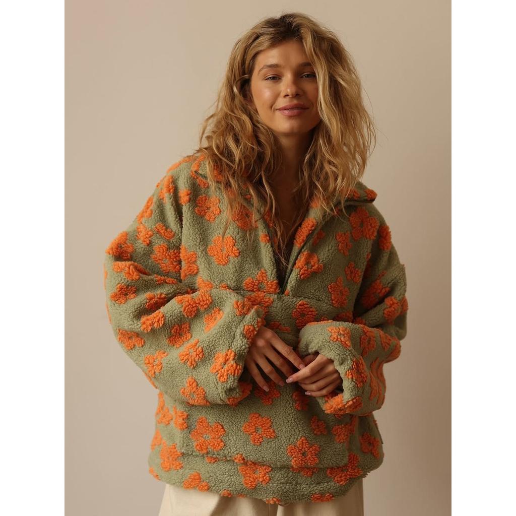 2025 Winter Autumn Women's Fleece Floral Sweatshirt Fashion Warm Fuzzy Pullover Top