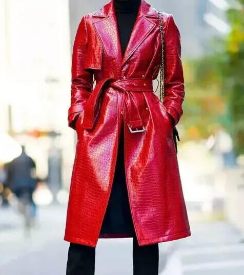 Lambskin Handmade Long Party Stylish Women Red Trench Coat  Leather Genuine