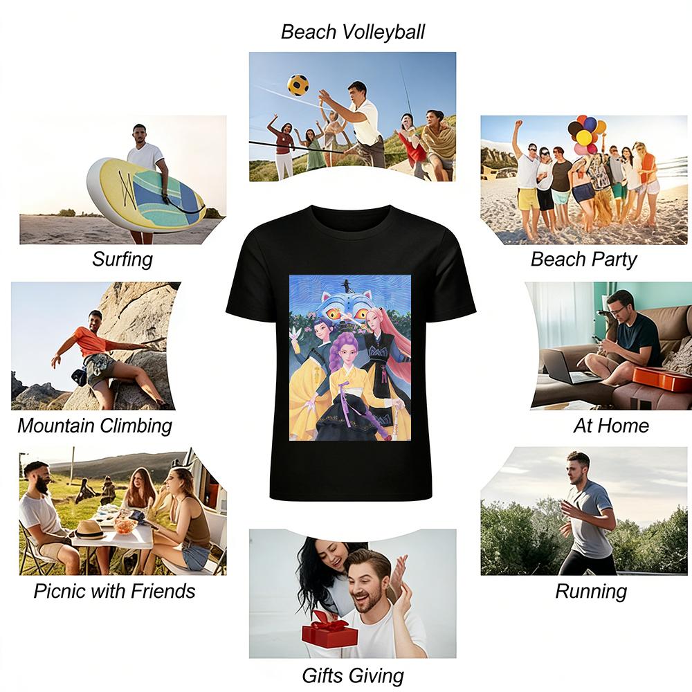 Korean Style Ancient Girl Group Print T-Shirt, Loose Top With Fantasy Cat Element, Trendy Cool Wear Item Pure cotton T-shirt
