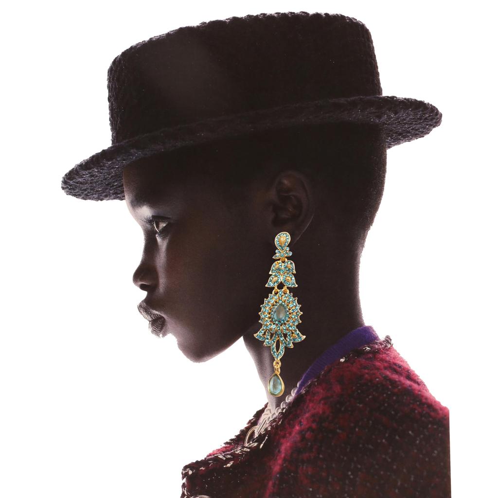 Touchstone Indian Bollywood Glamorous Handmade Contemporary Designer Jewelry Long Chandelier Earrings Rhinestone Crystal Gold Silver Tone Turquoise