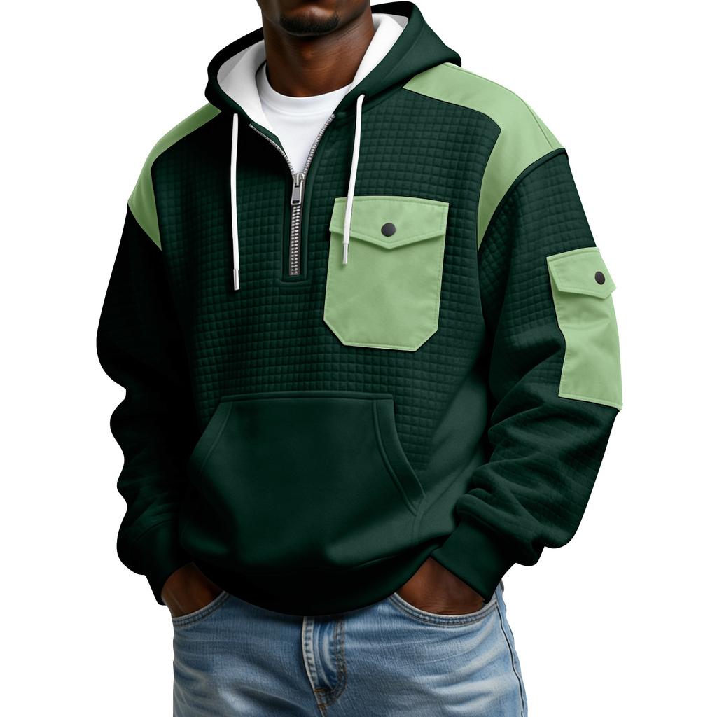Men's Winter Color Blocked Button-Down Collar Multi-Pocket Hoodie Men's Sports Plus Size Casual Sweatshirt