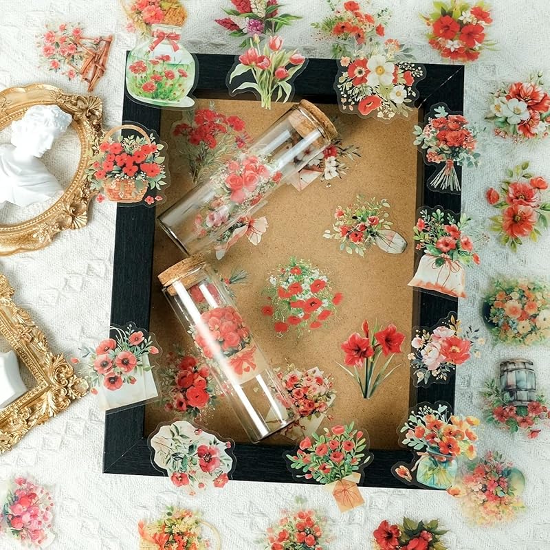 50 Hojas de Pegatinas Transparentes Rojas Impermeables con Flores para Scrapbooking, Pegatinas Florales Botánicas, Perfectas para Diarios, Manualidades y Proyectos de Arte