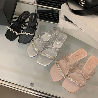 French Flat-heeled Rhinestone Slippers Fairy Shoes Wear 2025 Summer Pink with Skirt Bow Sandals