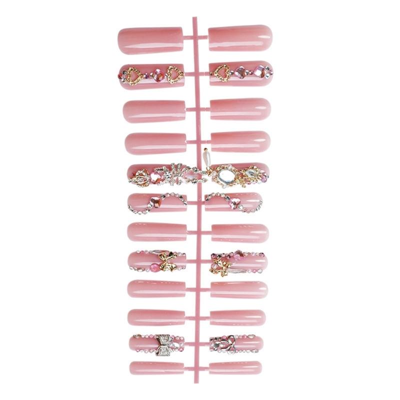 24 Pieces Long Square Press On Nail With 3D Bows and Rhinestones Designs False Nail Sparkling Stick On Nail for Women