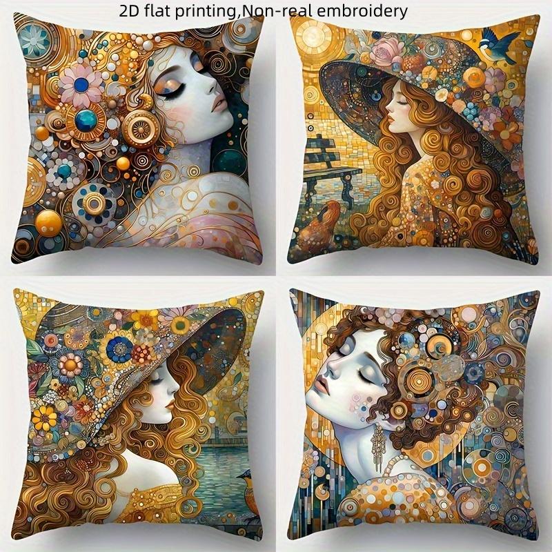 4-Pack Klimt Style Art Pillow Covers, 2D Print Elegant Artistic Decorative Cushion Cases for Holiday and Home Sofa Decor 35x35cm-4pc