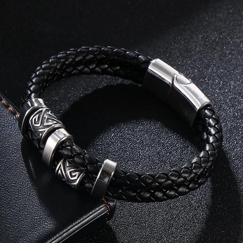 Viking Norse Runes Amulet Double-Layer Stainless Steel Men's Leather Bracelet Norse Mythology Jewelry