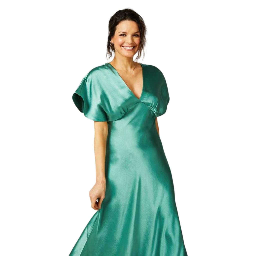 Biba Damen Satin Figurbetontes Maxikleid mit Engelsärmeln