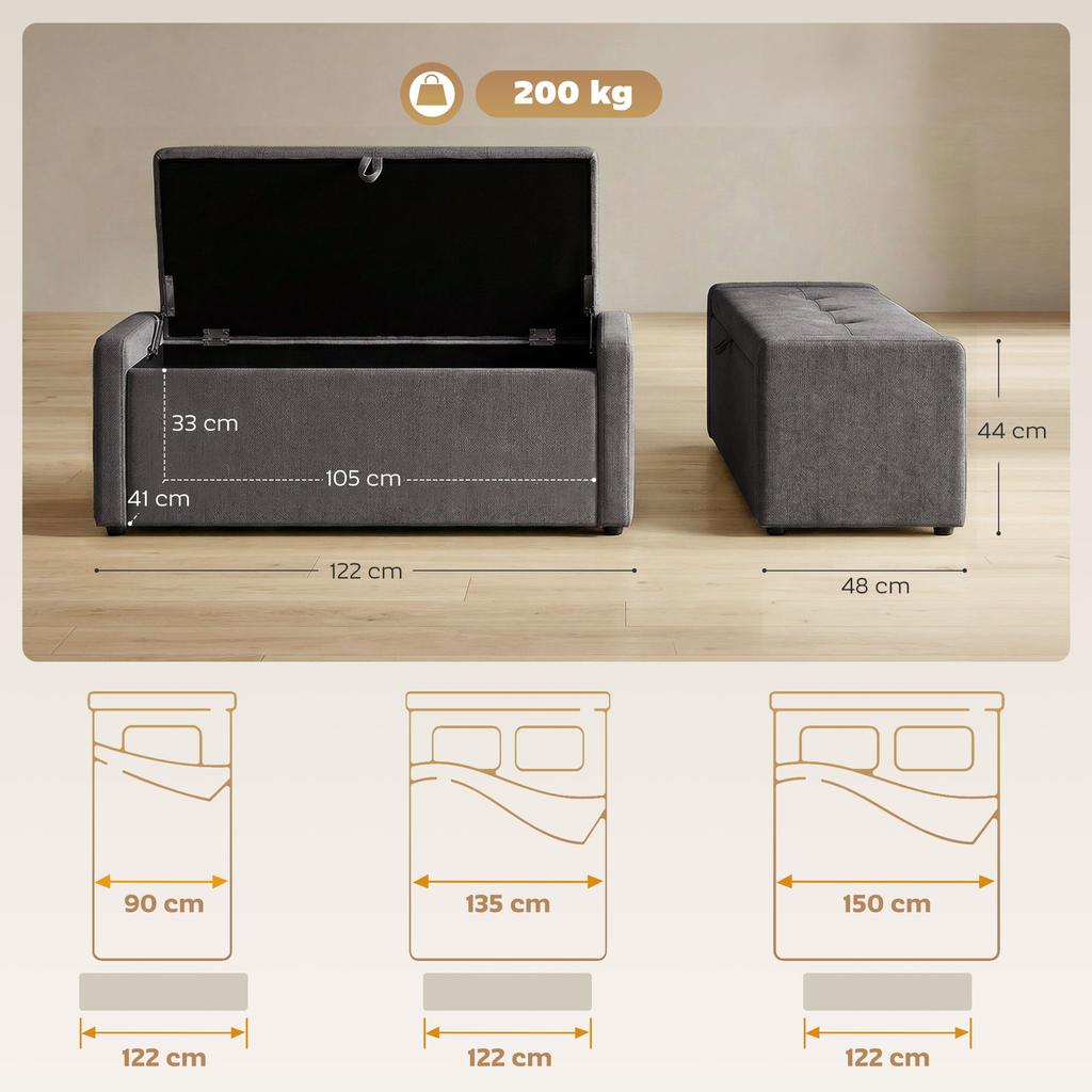 Storage Bench End Of Bed Linen Upholstered Footrest With Wide Seat 122 X 48 X 44 Cm Dark Gray