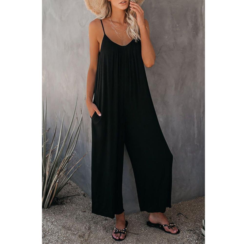 Women's V Neck Sleeveless Loose Fit Jumpsuit Solid Color Pocket Elegant Summer Polyester Wide Leg Romper