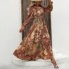 Women Floral Print V-neck Long Sleeve A-Line Dress Spring Summer Casual Elastic High Waist Ankle-Length Dresses